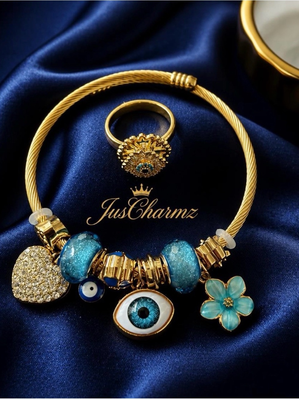 Gold Plated Blue Charm Evil Eye Bracelet with Bonus Ring